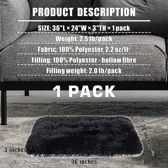 Machine Washable Dog Bed, Deluxe Plush Dog Crate Pad and Cat Bed, Anti-Slip Bottom Kennel Pad Mat, Fuzzy Pet Beds for Large, Medium, Small Dogs Breed (Black, 36.0" L x 24.0" W x 3.0" Th x 1 Pack)