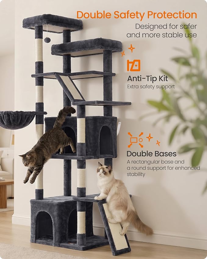 Feandrea 72.6-Inch Tall Cat Tree Tower for Indoor Extra Large Cats, Scratching Posts, Scratching Boards, Multi-Level Design, Dark Gray UPCT014G201S