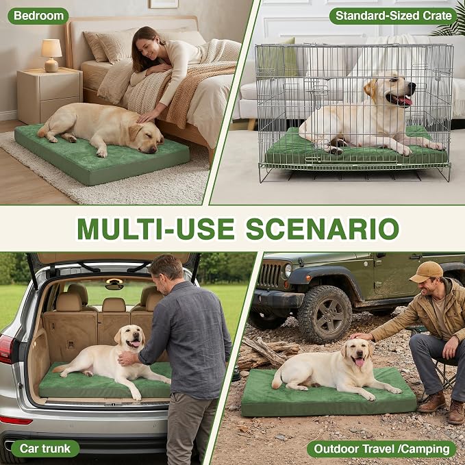 Outdoor Dog Beds Waterproof Washable, XXL Crate Pad 48 inch Extra Large Sized Leather Foam Pet Bed with Removable Cover Reversible, Jumbo Anti-Slip Kennel Pad, 47"x29", Green