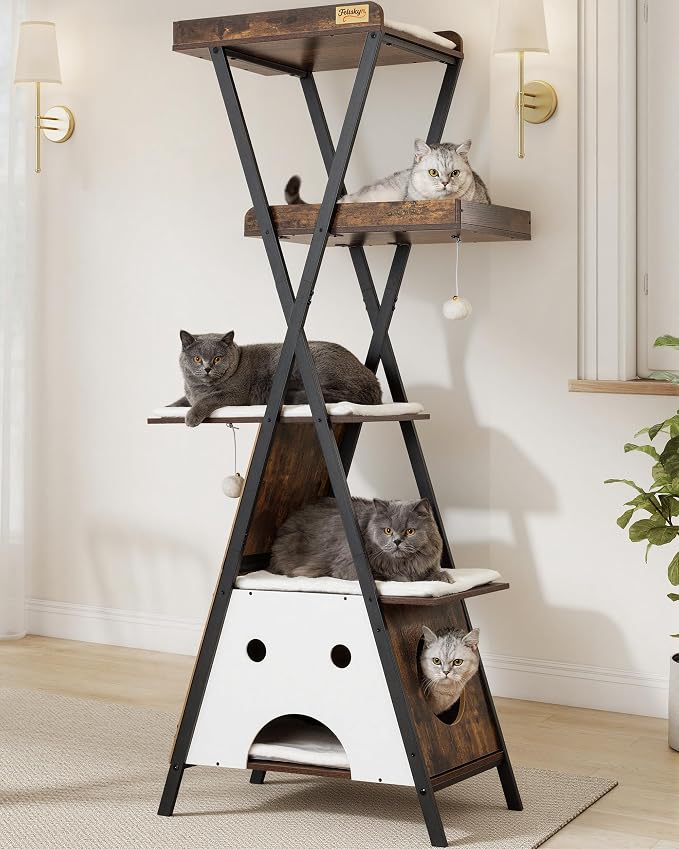 Modern Wood Cat Tree Tower for Indoor Cats Large Adult 67-in Tall | Heavy Duty XL Stable Wooden Cat Condo House Furniture with Multi-Level Spacious Perch Scratching Board Soft Washable Pads
