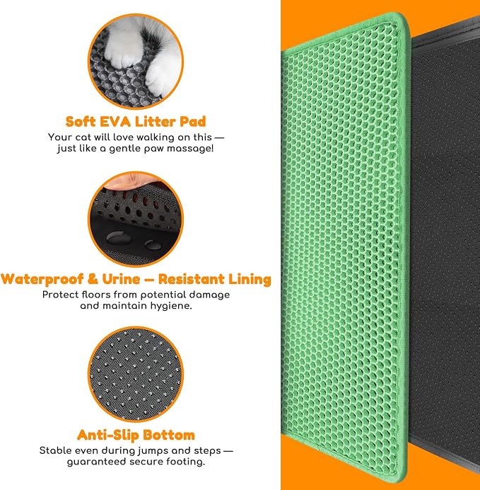 Cat Litter Mat 47"x27",Double Layer EVA Litterbox Mat Green | Extra Large Honeycomb, Waterproof & non-slip, Odor-free, easy clean, washable durable floor protector,scatter control
