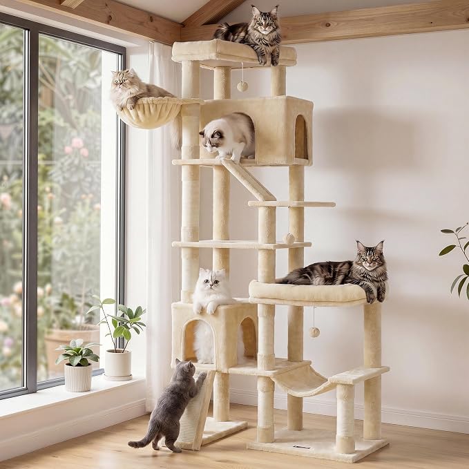 Feandrea Multi-Level Cat Tree for Large Cats, 79.5 inch Tall Cat Tower with 6 Resting Areas and Sisal Scratching Posts, 41.3 x 17.7 x 79.5 inch, Beige Clawfy Collection UPCT020Y101