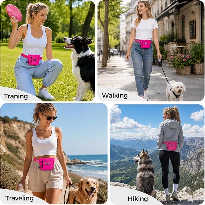 Dog Treat Pouch, Powerful Magnet Closure Device Dog Training Treat Bag Large Capacity Pet Treat Pouch with Poop Bag Dispenser Treat Bag for Dog Training with Metal Waistband Clip (Pink)