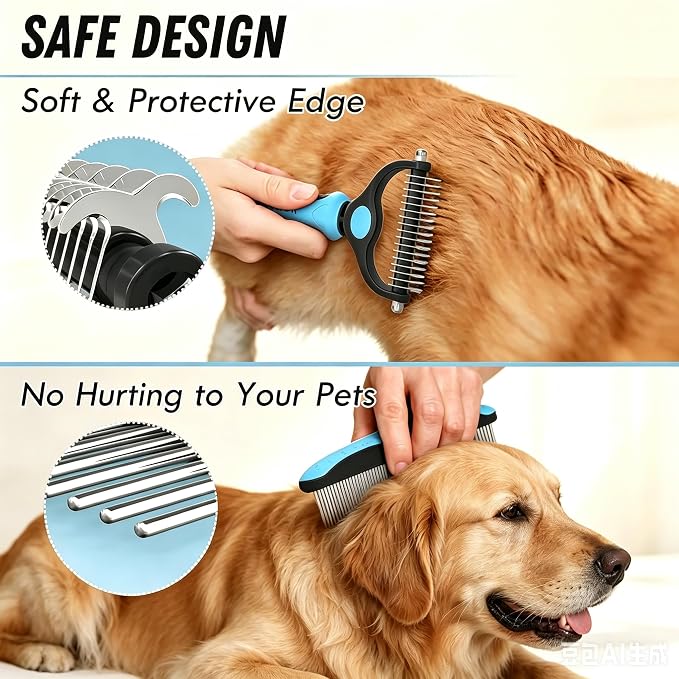 Dog Deshedding Rake for Shedding, Double-Sided Grooming Tool for Dogs & Cats, Gentle Skin-Friendly Pet Brush for Long and Short Hair Breeds, Removes Loose Hair and Keeps Coats Healthy (Brush & Comb)