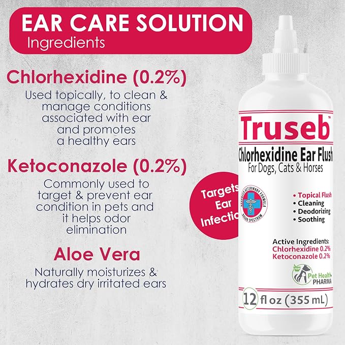 Truseb Maximum Strength Dog Ear Infection Treatment Flush, Cat & Dog Ear Cleaner Solution Medicated with Chlorhexidine & Ketoconazole Helps with Ear Itching Redness Swelling (12 oz)