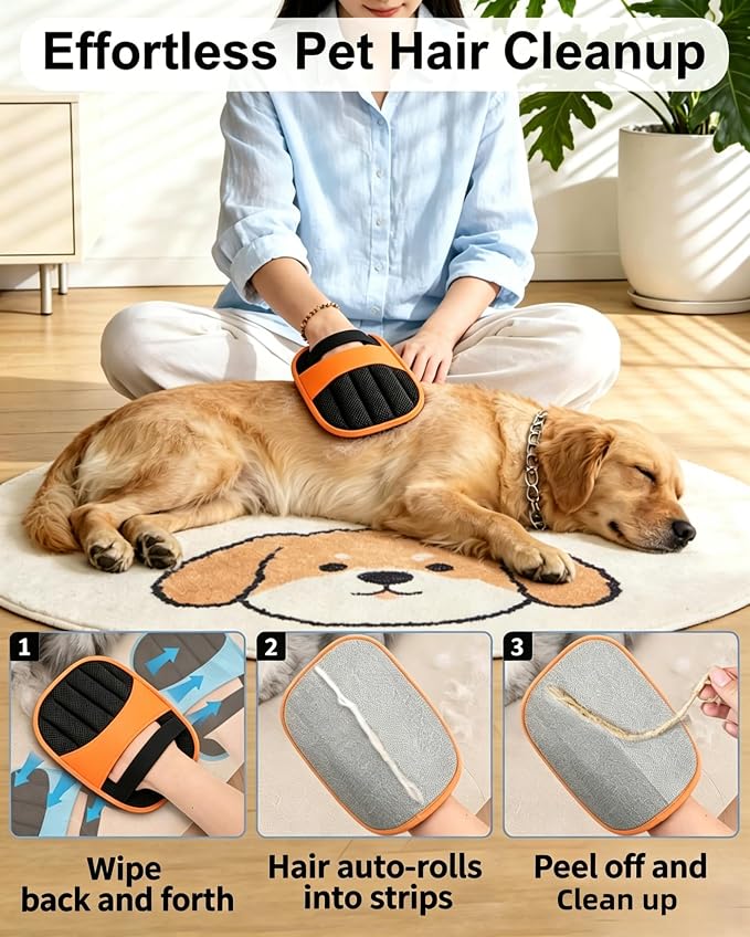 2 Pack Pet Hair Removal Gloves-Orange | Reusable Electrostatic Dog Cat Hair Remover Glove for Furniture Car Seats Clothing,Washable Grooming Mitts for Shedding