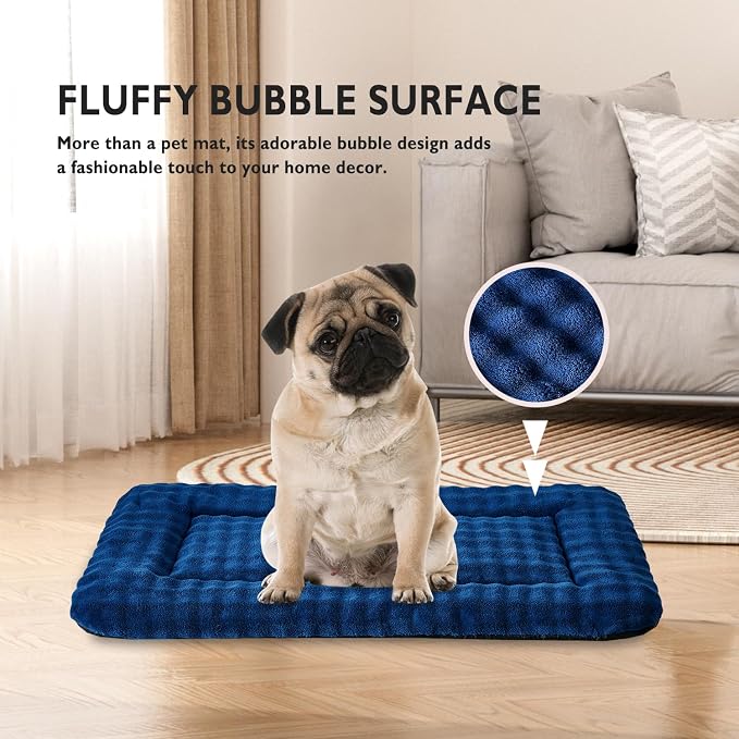 Dog Bed Mat Crate Pad for Medium Dogs, Navy Blue, 30"x 19" | Washable Soft Pet Sleeping Mat, Anti-Slip Kennel Pad with 3D Bubble Pattern