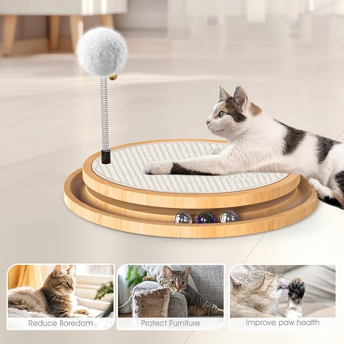 Cat Scratcher, Rolufy Cat Natural Sisal Scratching Pad, Kitten Interactive Toy with Ball Track Spring Ball for Chasing Hunting Mental Physical Exercise Puzzle