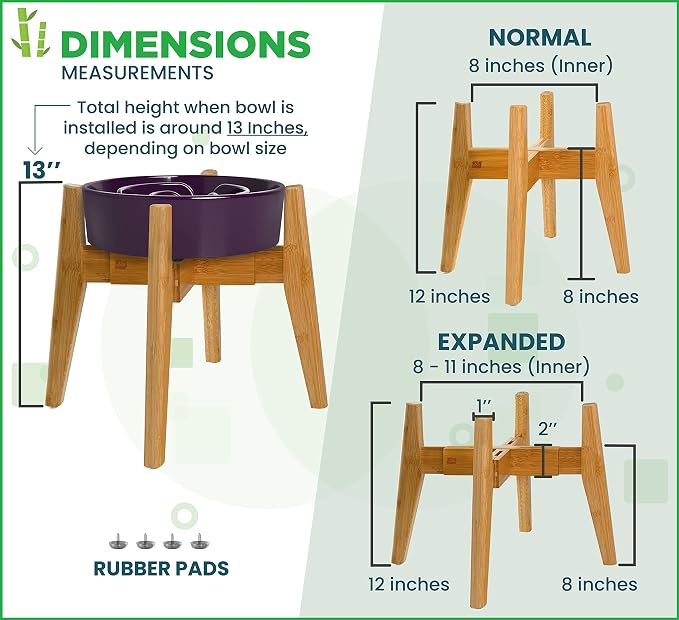 Dog Bowl Stand for Mid-Large Dogs | Adjustable, Bamboo, 12-inch High | Use to Elevate, Raise Pet Food Water and Slow Feeder Bowls, Expandable with Locking Option, Non-Slip Feet, Stand Only