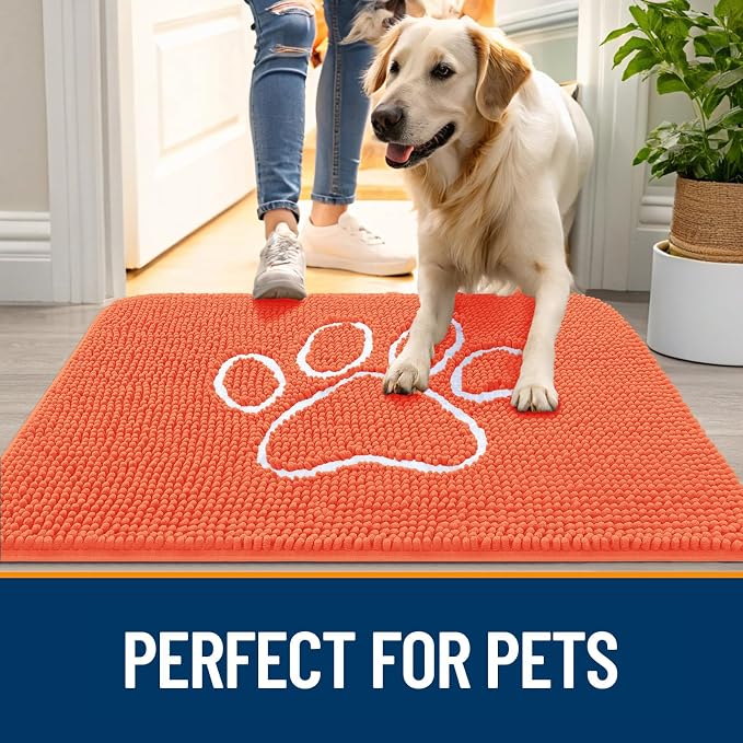 OLANLY Dog Door Mat for Muddy Paws 36x24, Paw Print Design Chenille Mud Mat | Coral, Absorbent, Traps Moisture and Dirt, Non-Slip Washable Doormat, Quick-Drying Indoor Entryway Floor Carpet for Dogs