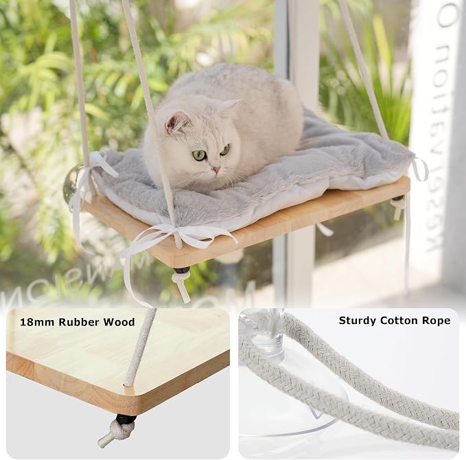 Foldable Cat Window Perch, Soft Window Bed for Overlooking, Sunbathing and Climbing,Stable Cat Seat Mounted with Strong Suction Cups- Maximum Hold Up to 40lbs(Light Grey)