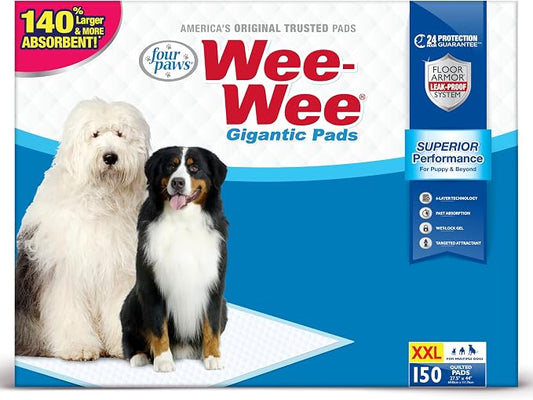 Four Paws Wee-Wee Superior Performance Pee Pads for Dogs with Runoff Barrier Edge Guard Protection, Puppy & Dog Potty Training Pads, Housebreaking Pet Supplies, 27.5" x 44" (150 Count)