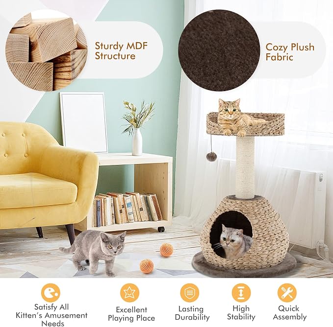 Modern Cat Tree Tower, Paper Rope Natural Bowl Shaped with Perch, Scratching Post, Rattan Cat Activity Tree for Kittens, 28" Tall