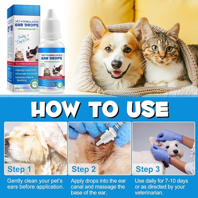 2PCS Dog & Cat Ear Infection Treatment Drops, Pets Ear Cleaning Drops | with 1% Hydrocortisone for Dog & Cats Yeast Infection, Itchy Ear Relief, Treats Ear Infections for Dogs & Cats