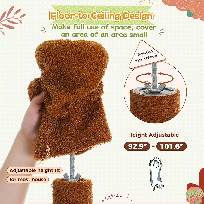 PEQULTI Floor to Ceiling Cat Tree, 92.9-101.6in Adjustable Cat Tower, Brown | Adjustable tower braces floor to ceiling; cozy condo, large hammock, perches & 9 sisal posts on fan base with anti-tip strap