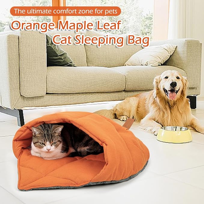 Cat Sleeping Bag Cave Bed with Non-Slip Bottom (Maple Orange) | Comfortable Linen Fabric, Non-stick Hair, Felt Handle, Washable, Suitable Size for Most Cats and Puppy, Durable Pet Nest