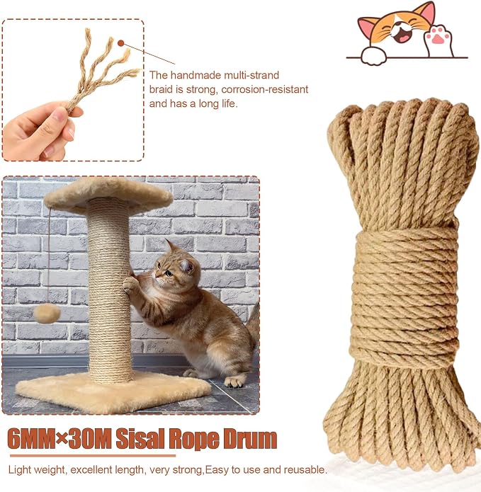 98FT/30M Natural Sisal Rope for Cat Scratching Posts, 6mm Thick Jute Hemp Cat Rope for Cat Tree Replacement, Cat Scratch Post Repair, DIY Projects, and Furniture Wrapping