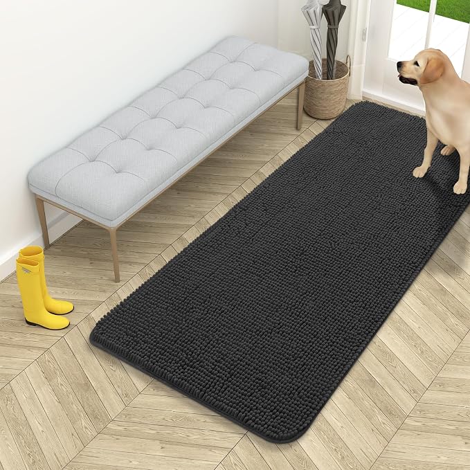 OLANLY Dog Door Mat for Muddy Paws 54x24, Super Absorbent Chenille Mud Mat | Dark Grey, Absorbs Moisture and Dirt, Non-Slip Machine Washable Doormat, Quick-Drying Indoor Entryway Floor Carpet for Dogs