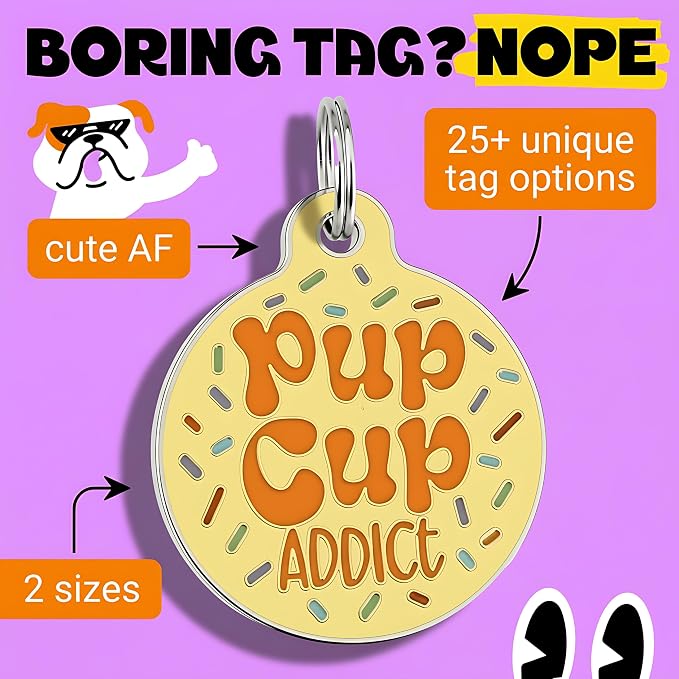 Bad Tags Personalized Dog and Cat ID Tags in 25+ Designs and 2 Sizes - 5 Lines of Custom Engraved Text - Funny Cute Personalized Pet Tags (Pup Cup Addict, Small (1 inch))