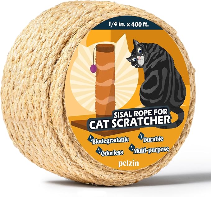 Pelzin Natural Sisal Rope for Cat Scratcher 1/4 Inch by 400 Feet, Cat Tree Rope Twine for Cat Scratching Post Replacement, Cat Tower with Scratch Post Repairing, Replace, Recovering and DIY, Natural