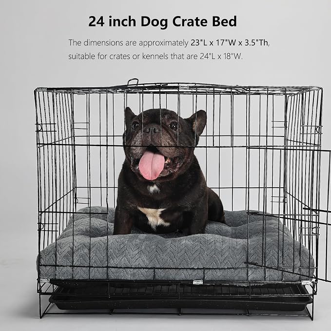 24 Inch Dog Crate Bed for Small Dogs, Washable Dog Crate Pad for Dog Cages, Soft Jacquard Flannel Kennel Mat with Anti-Slip Bottom, Fluffy Crate Mat for Puppies and Small Dogs,Dark Grey