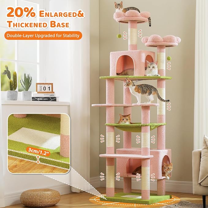 PAWZ Road 81" Flower Cat Tree Large Condo Hammock &2 Perches for Adult Cats | flower shape pink&green, 20"×16" hammock for maine cats, cute cat tower large condos,7 scratch posts & bottom scratcher