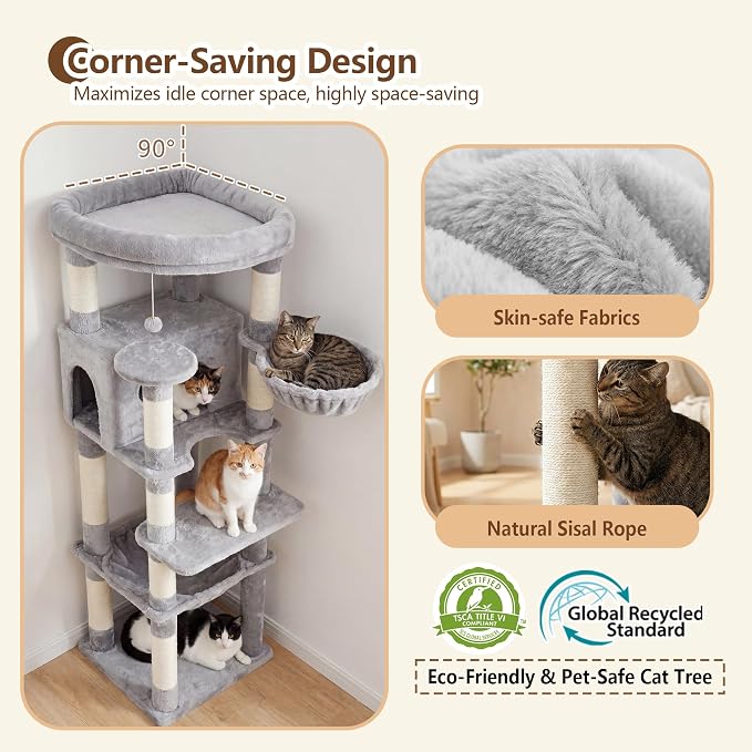 Heybly 53.1" Corner Cat Tree for Large Cats – Interactive Play HCT029W | Sturdy Cat Tower with Cozy Cat Condo, Fan-Shaped Top Perch, Basket, Hammock & Solid Base, Light Gray
