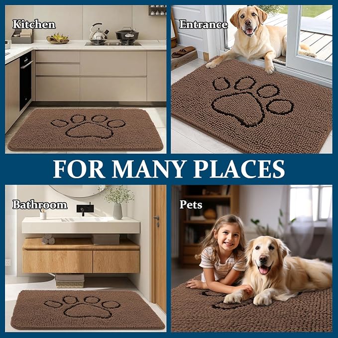 OLANLY Dog Door Mat for Muddy Paws 36x24, Paw Print Design Chenille Mud Mat | Mocha, Absorbent, Traps Moisture and Dirt, Non-Slip Washable Doormat, Quick-Drying Indoor Entryway Floor Carpet for Dogs