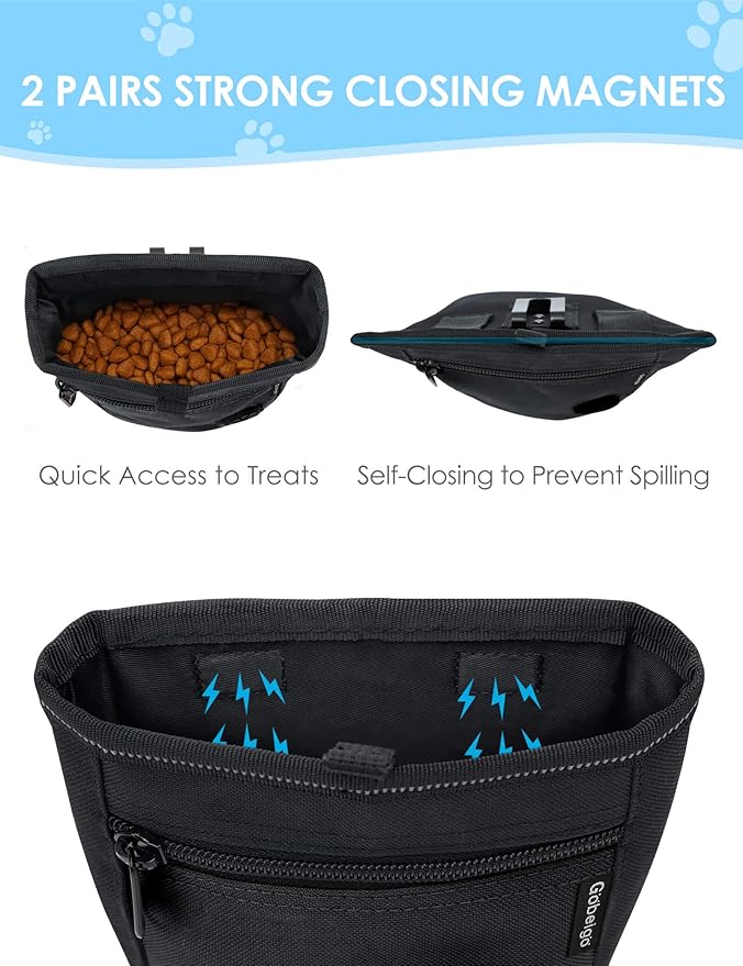 2 Cup Magnetic Closure Dog Treat Pouch with Training Clicker(Black) | 2 Pair Magnetic Closures, Zipper Pocket with Poop Bag Holder, Waist Belt & Metal Clip to Wear for Pet Training/Daily Walking