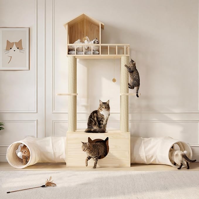 Wood Cat Tree with 2 Tunnels, 61''H Cat Tower for Adult Large Cats | Sturdy & Durable Pet Climbing Systems for Indoor, Multi-Level Wooden Tower with Scratching Posts, Runway, Burlywood