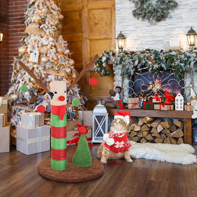 BOLUO Christmas Cat Scratching Post Deer Cat Trees for Adult Cats Scratcher Cute Toy Kitten Kitty Sisal Scratch with Teaser Ball Indoor 25 inch