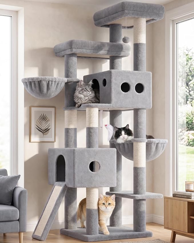 Globlazer Tall Cat Tower Extra Large Cat Tree House, S77D, Light Grey | 77 inch Cat Climbing Tower for Indoor Cats Large Adults with 5 Scratching Posts, 2 Cat Condos, 2 Platforms