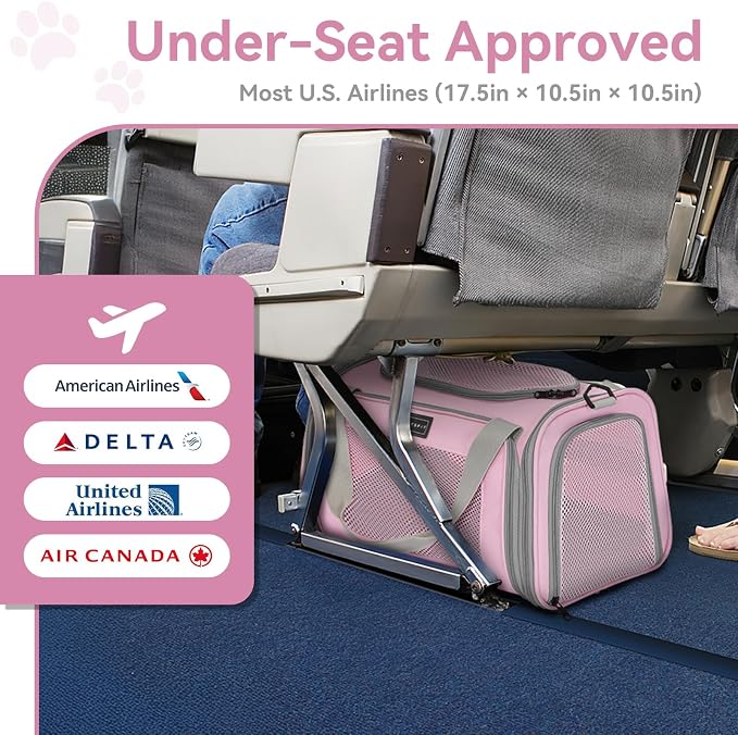 Airline Approved Cat Carrier 17.5×10.5×10.5 in, Escape-Proof Design with Locking Zippers & Safety Leash, Easy-Access 3-Way Entry, Washable Mat, Gift-Ready Holiday Choice for Cats up to 12 lb