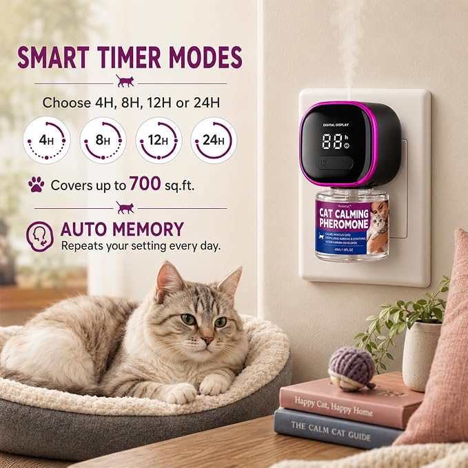 Timer Display Cat Calming Pheromone Diffuser, Daily Auto-On | 1 Diffusers 3 Refills, 4/8/12/24-Hour Timer, Helps Reduce Anxiety, Scratching, Spraying & Urine Marking, Odorless Formula