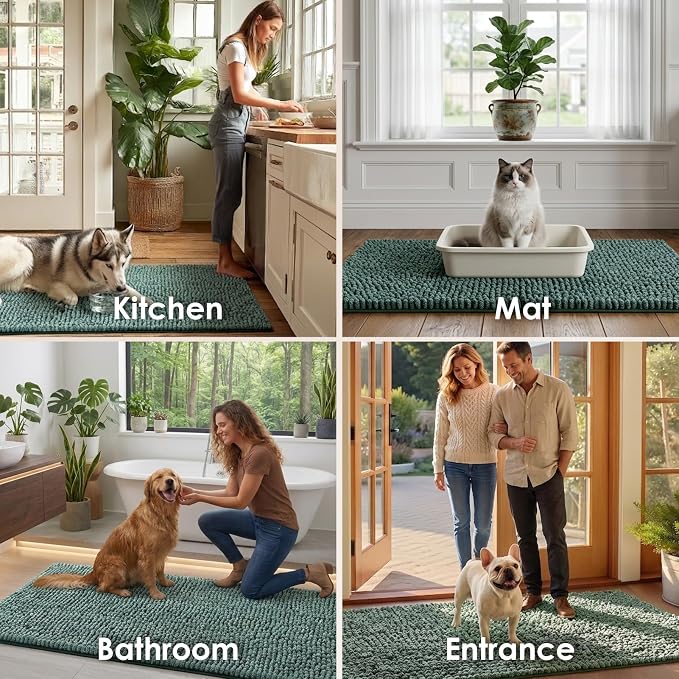 EHEYCIGA Super Absorbent Dog Door Mat for Muddy Paws 36x24 Inch Indoor, Front Doormat Outside Entrance, Quick Dry Chenille Washable Dog Crate Bed, Non-Slip Pet Rug Mud Mat Outdoor Entryway, Green
