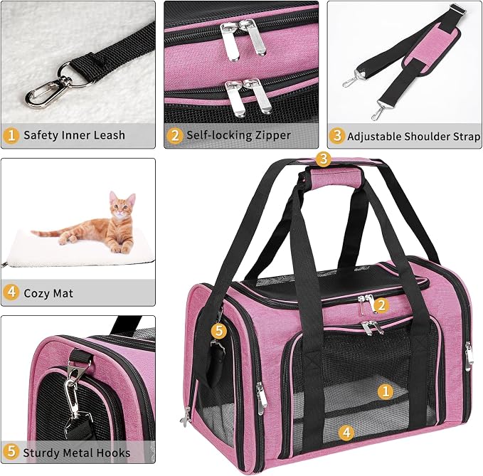 Soft-Sided Cat/Dog/Pet Carrier, Collapsible Pets Travel Carriers for Big Cats/Small Dogs with Shoulder Strap & Removable Mat, Mesh Puppy Carry Bag, Up to 25 Lbs (Pink)
