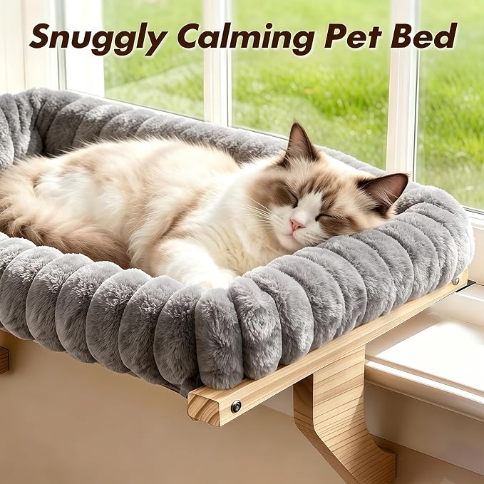 Zoratoo Cloud-Cuddle Cat Perch for Window Sill with Zipper Cushion, M Gray | 21.7’’x18’’, Removable for Machine Wash, Fluffy Plush Bolster, Sturdy Metal Frame for Large Cats up to 40lbs, Easy to Adjust