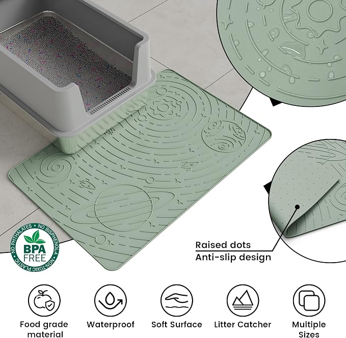 OHMO Cat Litter Mat Medium 23.6x15.7in, Sage Green Silicone Rubber Scatter Control Kitty Litter Box Trapping Mat, Waterproof Easy to Clean, Odorless Pet Supplies, Indoor Cat Essentials