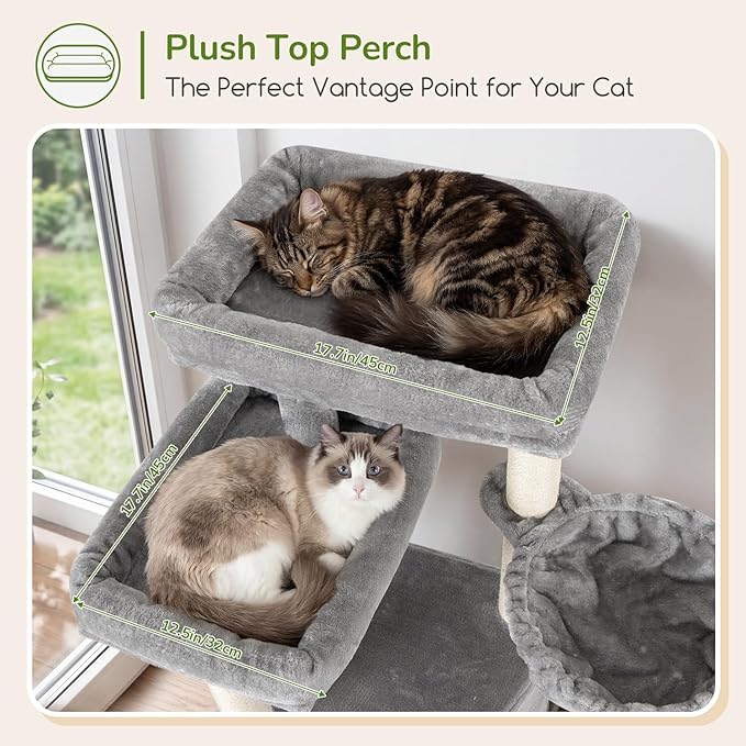 Globlazer F65D Corner Cat Tree Tower with Scratching Posts, Light Grey | 65in Multi-Level Large Cat Scratching Tower with Hammock, 6 Scratching Posts, Basket and 2 Perches for Indoor Multiple Cats