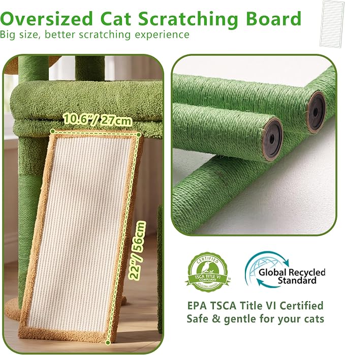 Heybly Cat Tree 72.4-Inch Anti-Tip Cat Tower with Spacious Perches HCT060GY | All-in-One Cat Furniture for Large Cats, Multiple Interactive Areas, Extra-Large Sisal Scratching Board, Green and Yellow