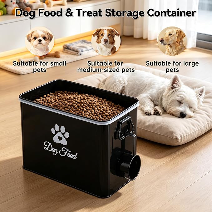 Dog Food Storage Container, Cute Airtight Pet Food Storage Containers with Metal Lid Scoop, 9-12 Lb Large CapacityDog Treat Snack Jar, Black Container Bin for Kitchen Counter Pantry