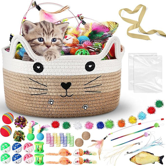 Zopeal 76 Pcs Cat Storage Basket Gift Toys Set Interactive Cat Toys Kitten Wand Colorful Flashing Balls Pet Crinkle Balls Attract Kitten to Swat, Hunt for Pet Indoor(Khaki)