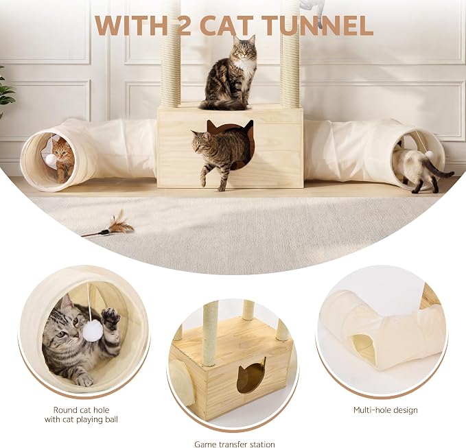 Wood Cat Tree with 2 Tunnels, 61''H Cat Tower for Adult Large Cats | Sturdy & Durable Pet Climbing Systems for Indoor, Multi-Level Wooden Tower with Scratching Posts, Runway, Burlywood