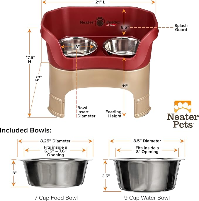 Neater Feeder Deluxe Mess-Proof Elevated Dog Bowls for Large Dogs (40+ lbs), 2 Height Adjustable (14.5” & 17.5”) No-Spill Raised Dog Bowl Stand, Stainless Steel Food Bowl Set, Made in USA, Cranberry