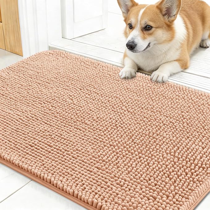 OLANLY Dog Door Mat for Muddy Paws 30x17, Super Absorbent Chenille Mud Mat | Peach, Absorbs Moisture and Dirt, Non-Slip Machine Washable Doormat, Quick-Drying Indoor Entryway Floor Carpet for Dogs
