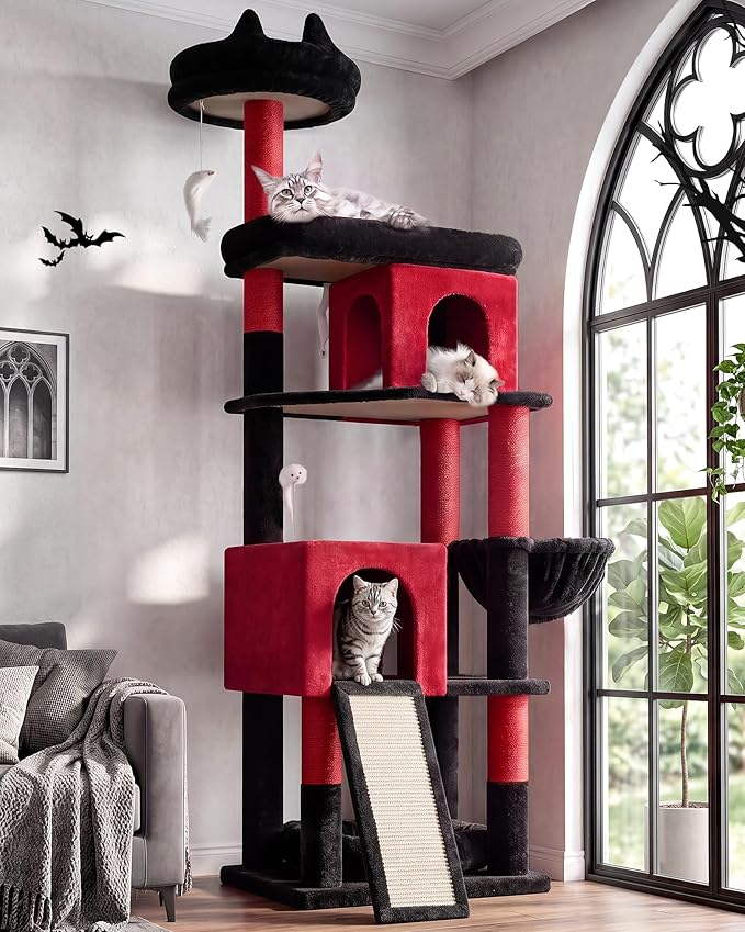 Globlazer Heavy Duty Gothic Cat Tree, 72in Large Cat Tower with Coffin Bed, Sturdy Maine Coon Cat Tree for Large Cats 20 lbs+, Medieval Castle Style with 6 Scratching Posts & Hammock, S72, Black & Red