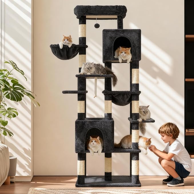 Heybly Cat Tree, 76-Inch Tall Heavy Duty Cat Tower for Big Cats HCT039G | Multi-Level Large Cat Furniture with Extra Wide Baseboard, 2 Condos & 2 Hammocks, 10 Scratching Posts, Smoky Gray