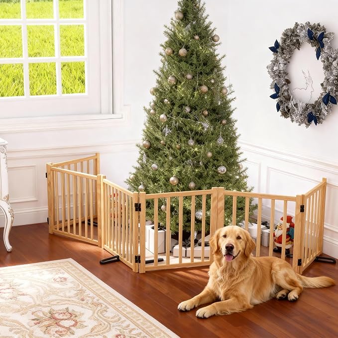 YOCAN Non-Painted Wooden Freestanding Dog Gates for The House,Doorways, Stairs,Wood Dog Fences Indoor Pet Gate,Step Over Fence-6 Panel H:16.9" L:138"