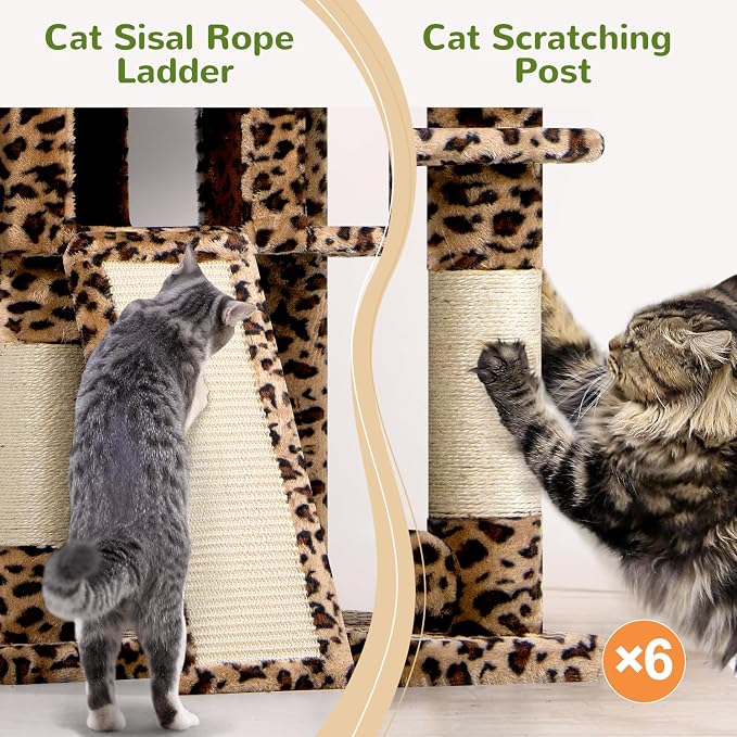 Globlazer Heavy Duty Cat Trees for Large Cats, Sturdy 72in Maine Coon Cat Tree for Large Cat 20 lbs+ Heavy Duty Cat Tower for Adult Biggest Cats with 6 Scratching Posts, Hammock, S72, Leopard Print