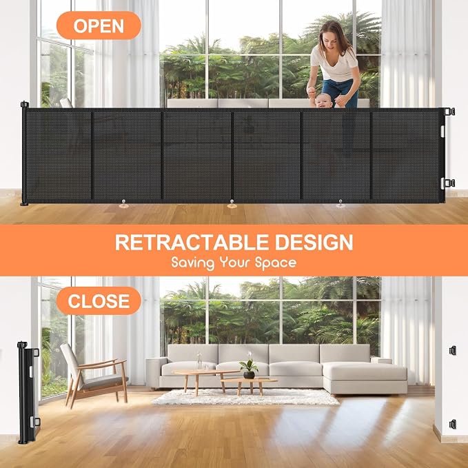 Upgrade 150 inch Retractable Baby Gates, EZIGO Extra Wide Baby Gate for Large Opening Extra Long Mesh Gate for Kids or Pet Dog Gate Child Safety Gate for Stairs Hallways Doorway Indoor Outdoor, Black